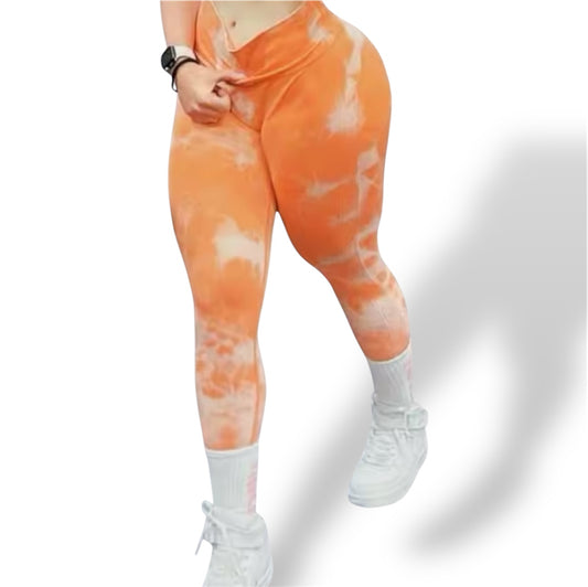 Leggins Naranja con blanco , Push Up, Sin costuras, Tie Dye, Premium