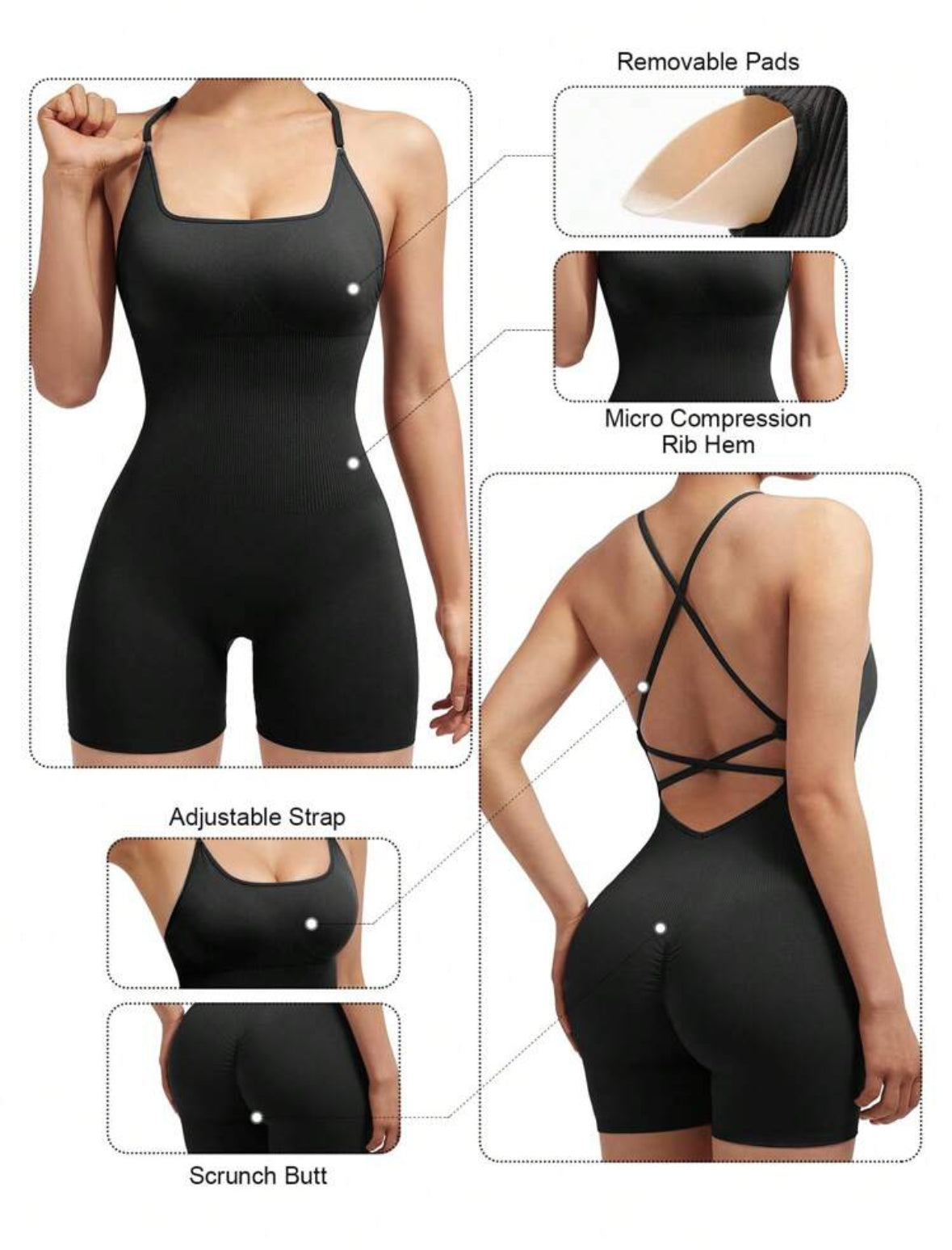 Enterizo Short Push Up, Sin costuras, Premium