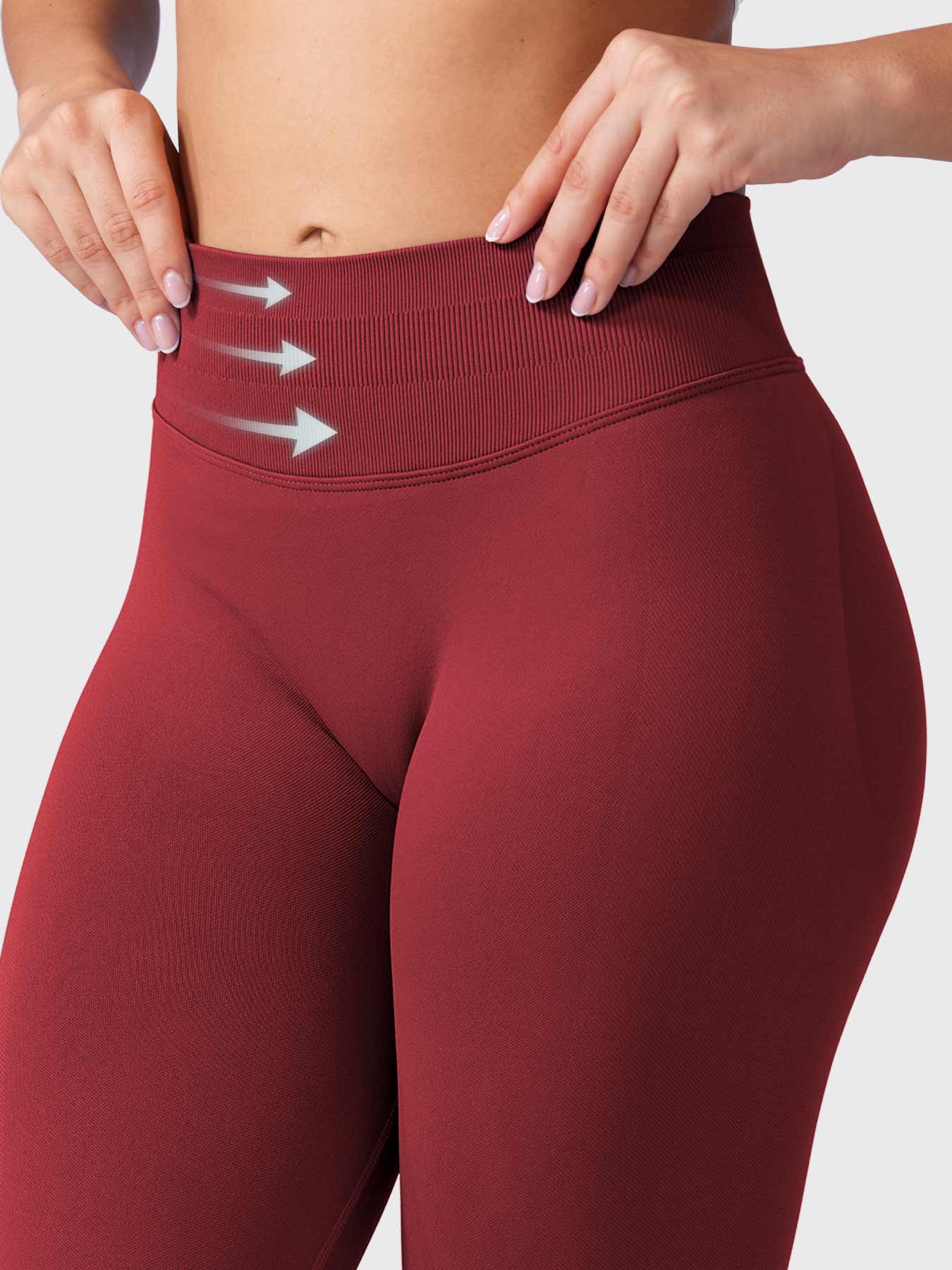 Leggings deportivos push up premium rojo tinto, cintura alta y fruncido oculto que realza glúteos