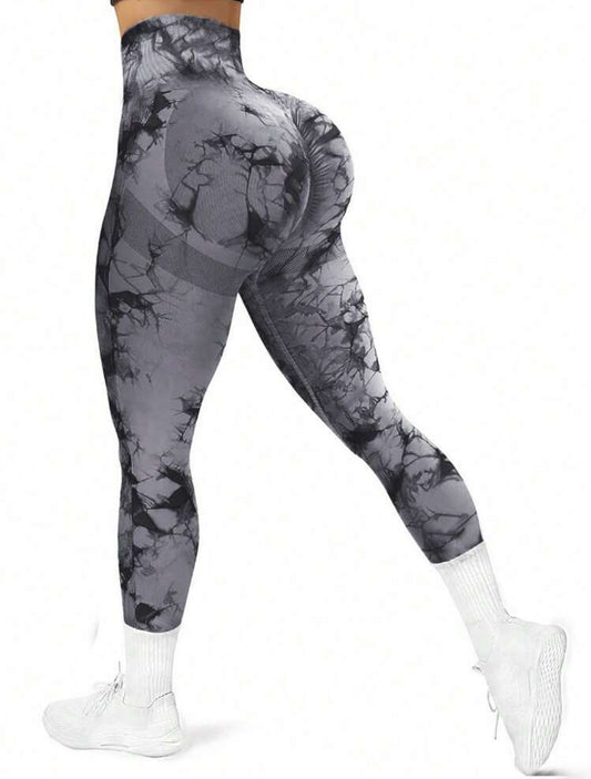 Leggins Gris claro con negro, Push Up, Sin costuras, Tie Dye