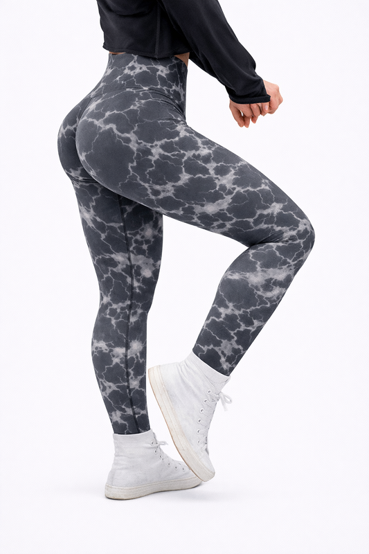 Leggins Gris oscuro con blanco, Push Up, Sin costuras, Tie Dye, Premium