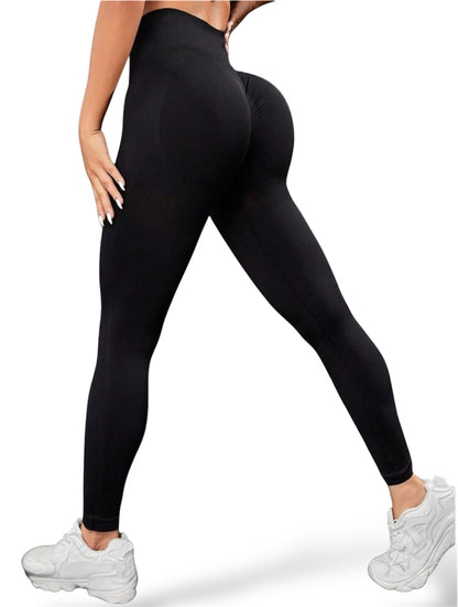Leggings push up negros, vista trasera, realce de glúteos y ajuste sin costuras
