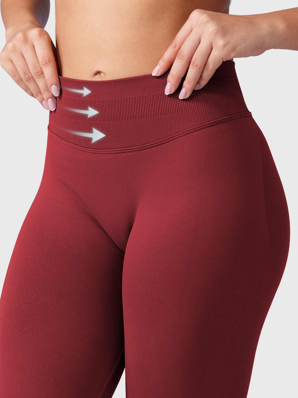 Leggings deportivos push up premium rojo tinto, cintura alta y fruncido oculto que realza glúteos